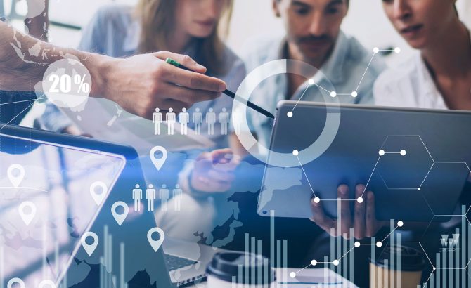 Concept of digital diagram,graph interfaces,virtual screen,connections icon on blurred background.Coworking team meeting